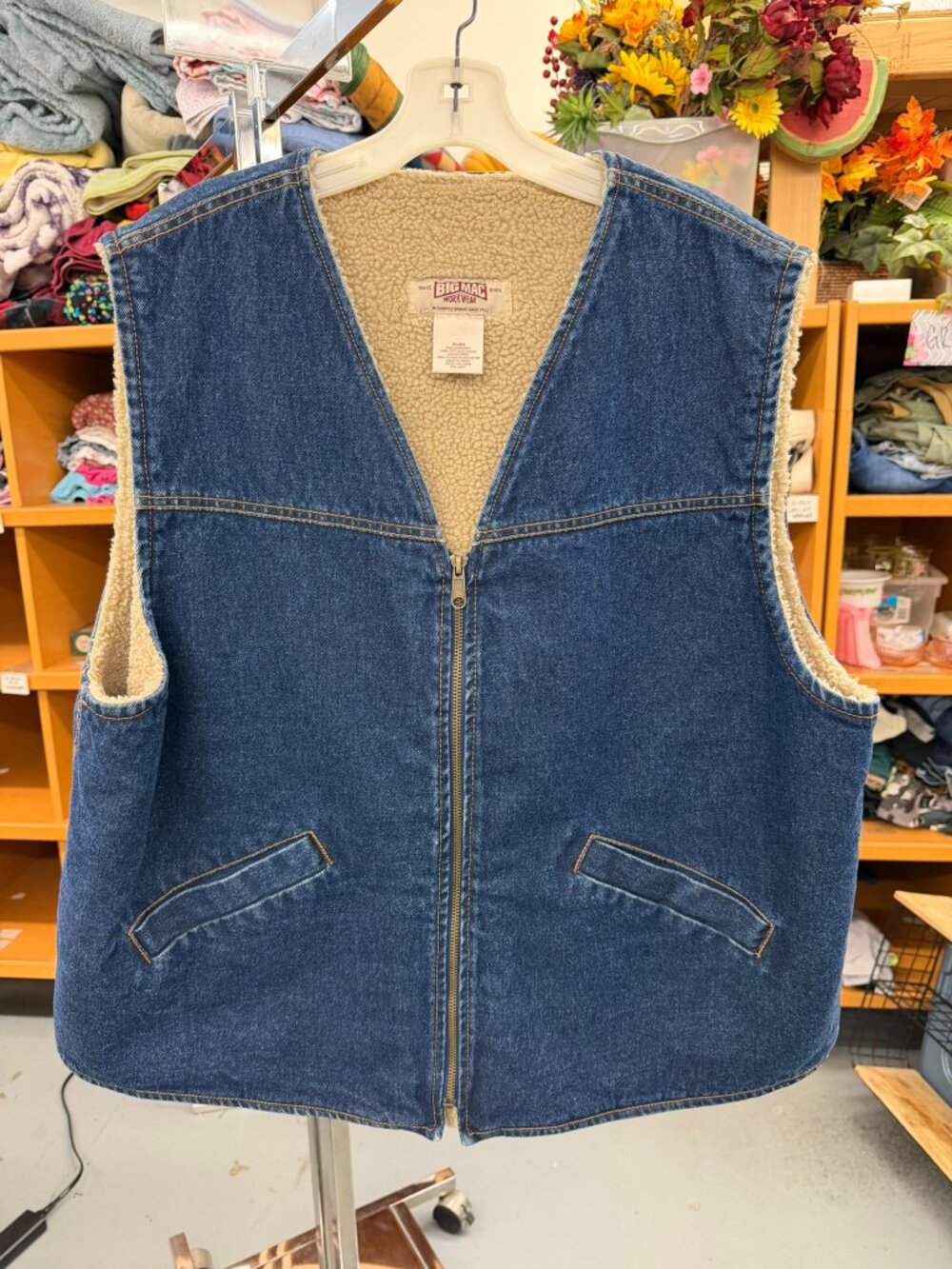 vintage Big Mac faux sherpa-lined denim work vest with a front zipper